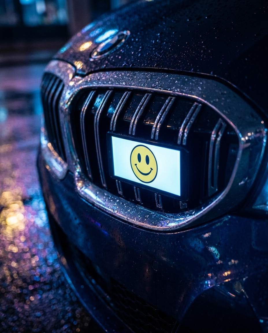FlexBlem digital emblem glowing with a classic roundel animation on a BMW grille at night