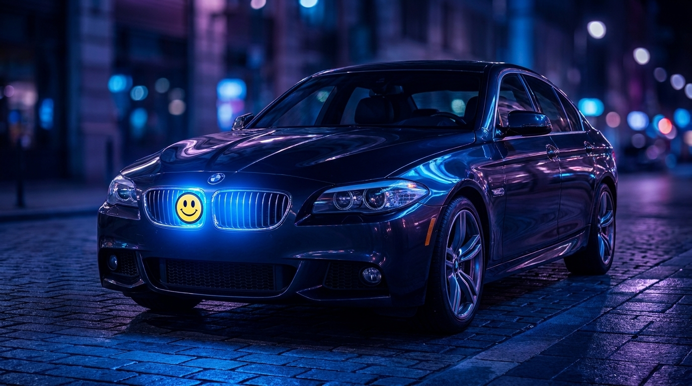 BMW at night with the FlexBlem digital emblem glowing on the grille, full car view