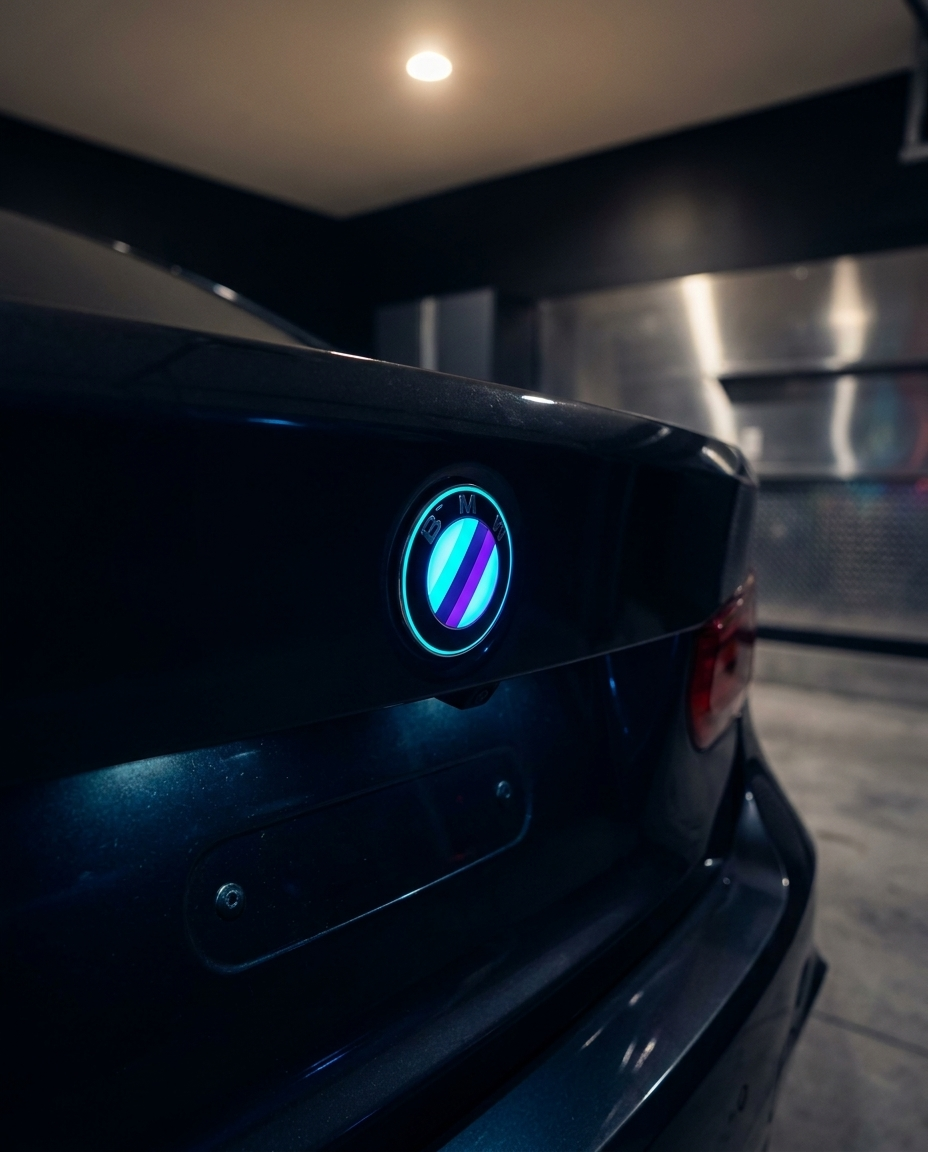 FlexBlem digital emblem glowing with a racing stripe animation on a BMW trunk badge
