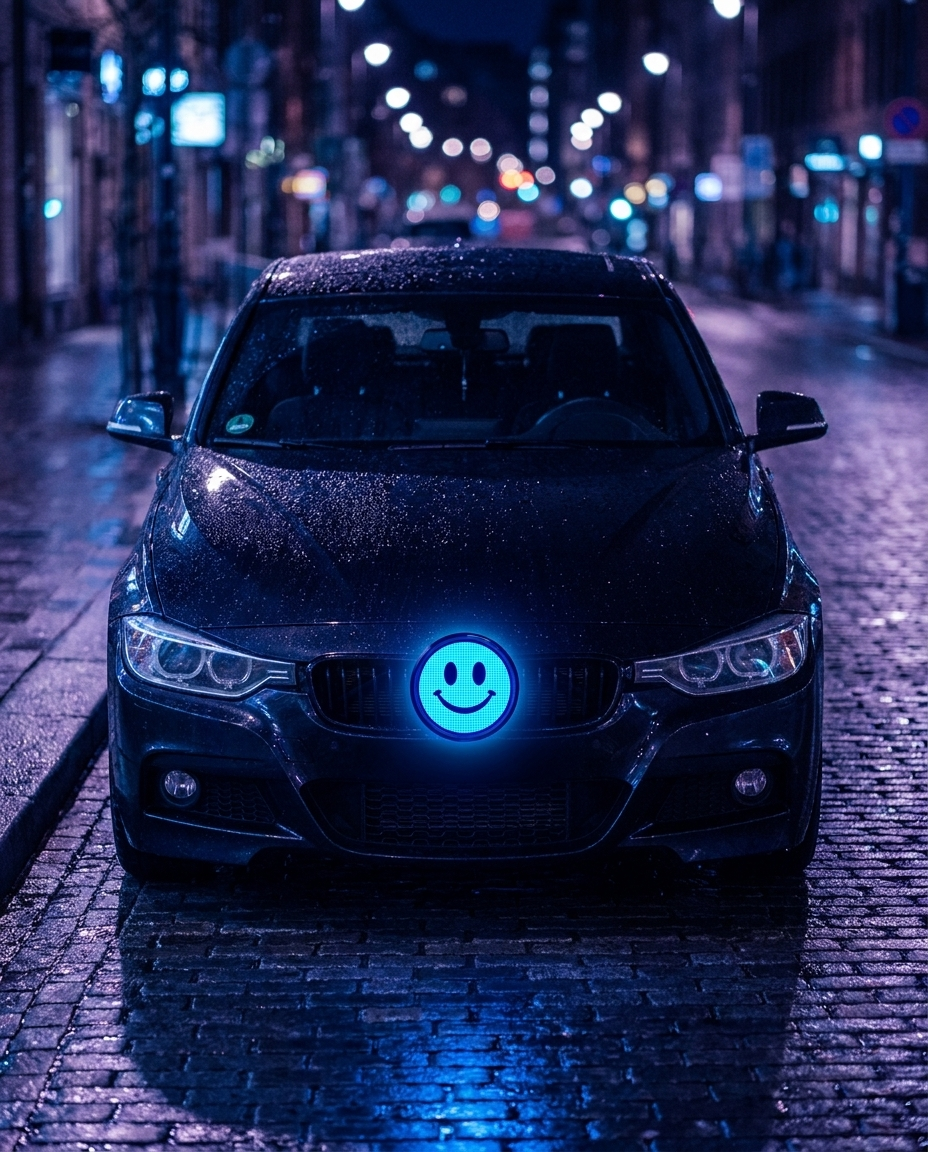 A parked BMW at night with the FlexBlem digital emblem glowing on the grille