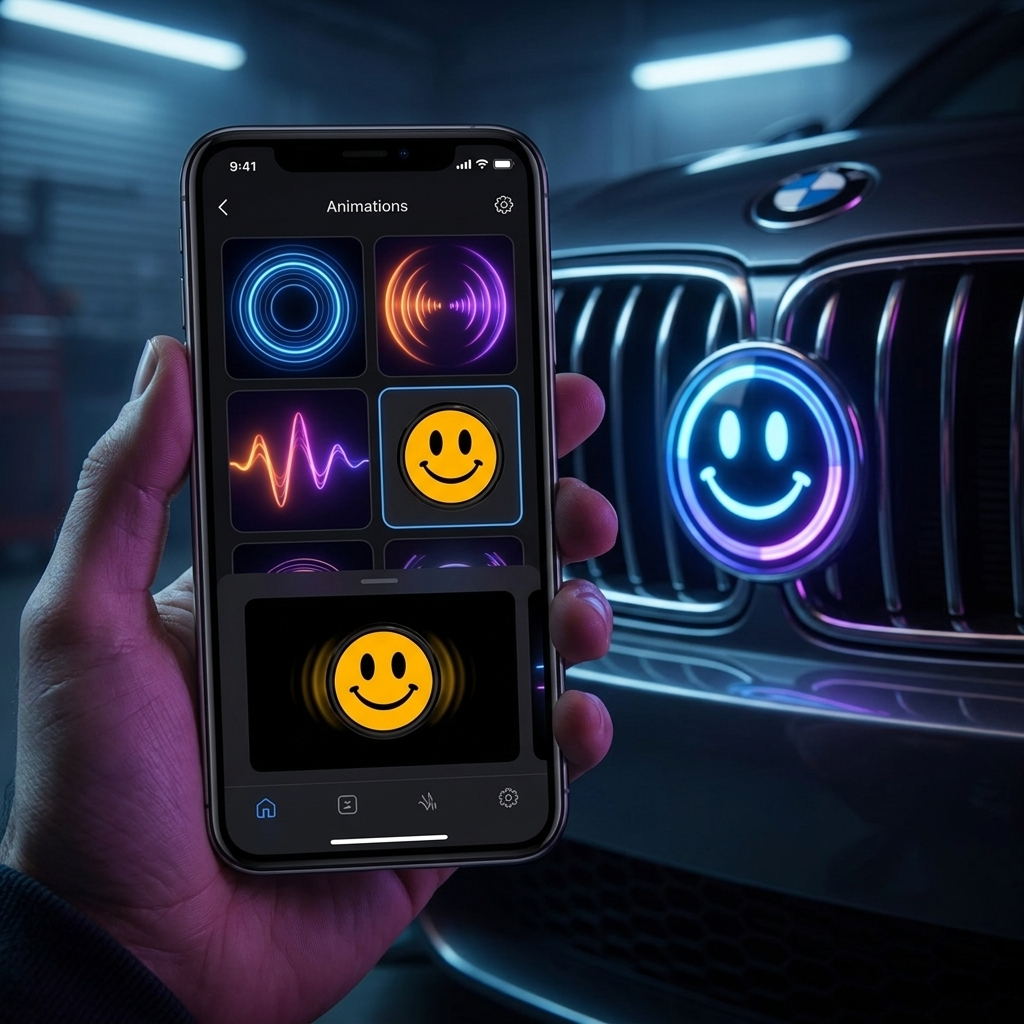 A phone showing the FlexBlem app animation picker screen near a BMW