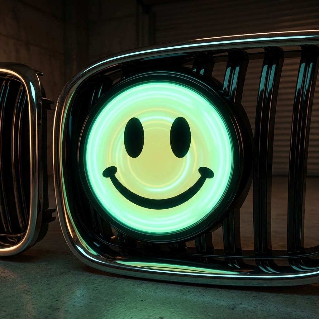FlexBlem emblem glowing green-cyan on a BMW grille at night